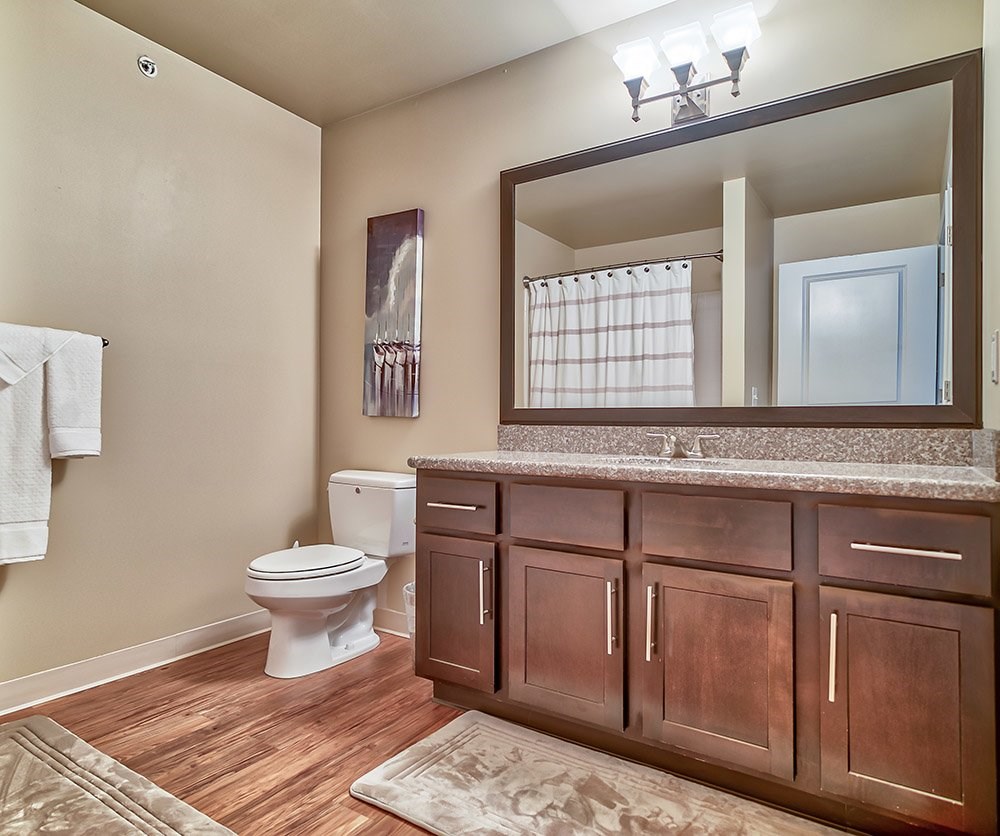 Bathrooms with hardwood-inspired flooring and granite countertops