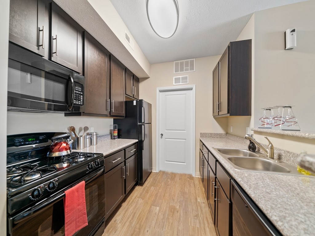Granite countertops and sleek black appliances