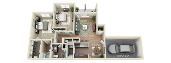 A floor plan of a house with a living room, two bedrooms, a kitchen, and a garage.