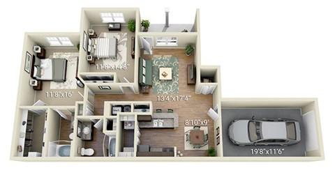 A floor plan of a house with a living room, two bedrooms, a kitchen, and a garage.