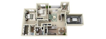 A detailed 3D floor plan of a multi-bedroom apartment.