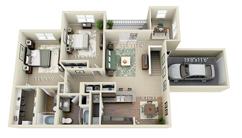 A detailed 3D floor plan of a multi-bedroom apartment.