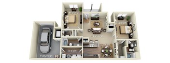 A floor plan of a two-bedroom apartment with dimensions and furniture layout.