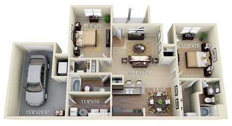 A floor plan of a two-bedroom apartment with dimensions and furniture layout.