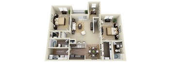 A 3D floor plan of a house with labeled rooms and dimensions.
