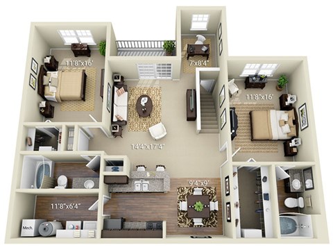 A 3D floor plan of a house with labeled rooms and dimensions.