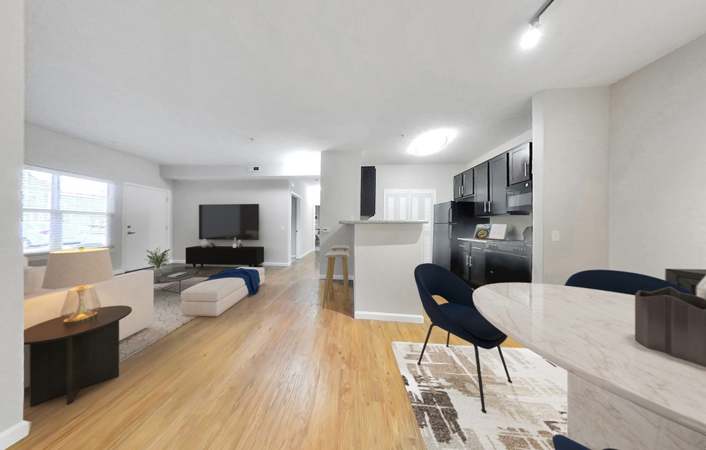 Dining room, living room and kitchen