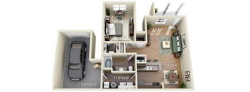 A 3D floor plan of a house with a car parked outside.