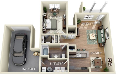 A 3D floor plan of a house with a car parked outside.