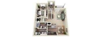 A 3D floor plan of a house showing the layout of the rooms.