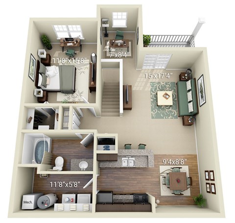 A 3D floor plan of a house showing the layout of the rooms.