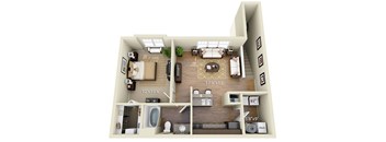A 3D floor plan of a house with a living room, kitchen, and bathroom.