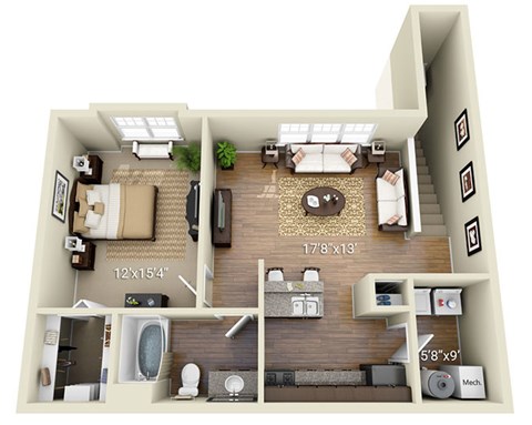 A 3D floor plan of a house with a living room, kitchen, and bathroom.