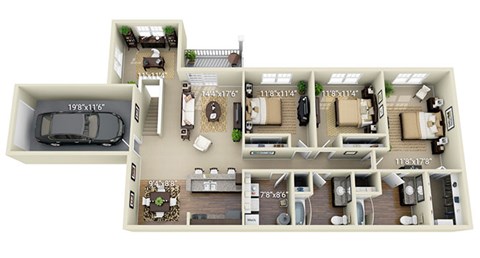 A floor plan of an apartment with a garage for one car.