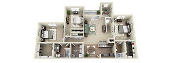 A 3D floor plan of an apartment with dimensions and room labels.