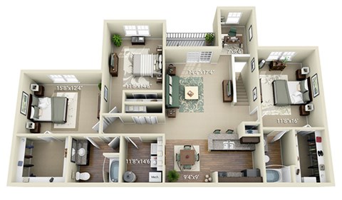 A 3D floor plan of an apartment with dimensions and room labels.