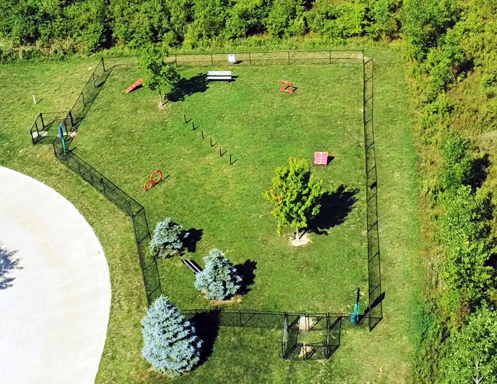 Two fenced dog parks with agility equipment