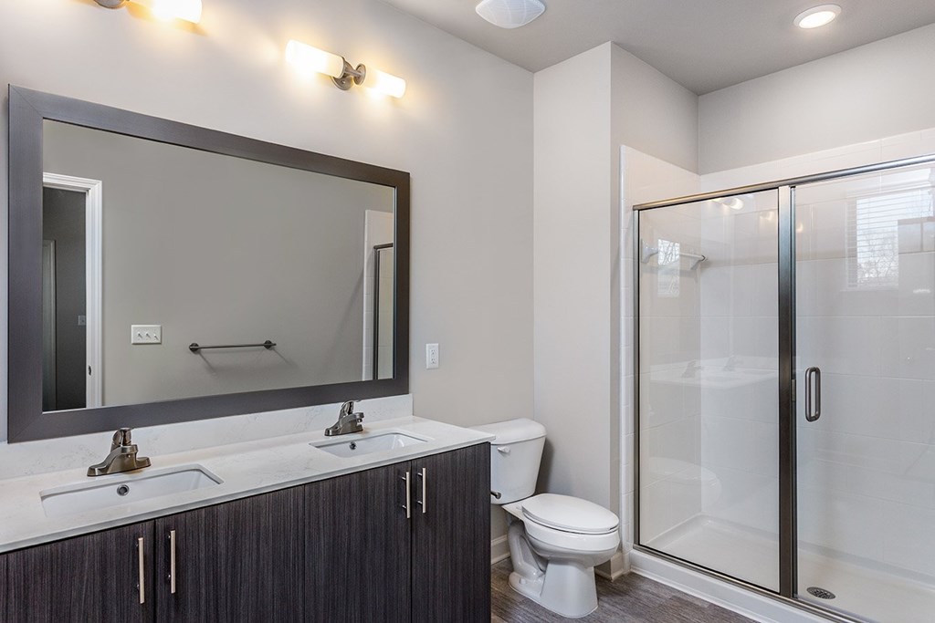 Quartz countertops with dual vanities in bathrooms