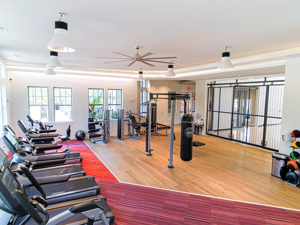 Professional fitness studio with virtual training and yoga/Pilates zone