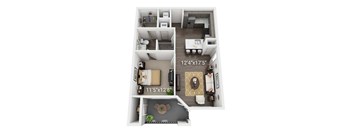 A floor plan of a small apartment with a living room, kitchen, and bedroom.