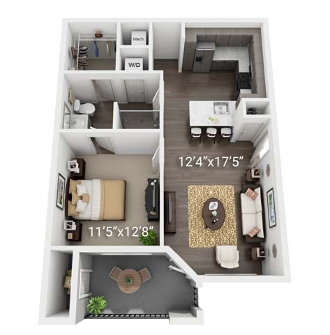 A floor plan of a small apartment with a living room, kitchen, and bedroom.
