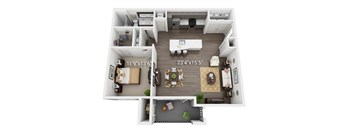 A top-down view of a living room, kitchen, and dining area in a house.