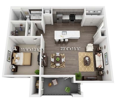 A top-down view of a living room, kitchen, and dining area in a house.