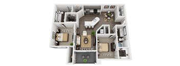 A 3D floor plan of a small apartment with a living room, kitchen, and two bedrooms.