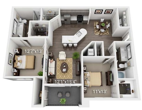 A 3D floor plan of a small apartment with a living room, kitchen, and two bedrooms.