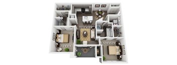 A floor plan of a house with a living room, kitchen, and two bedrooms.