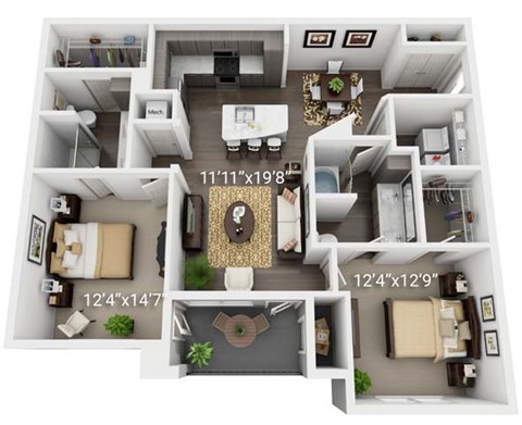 A floor plan of a house with a living room, kitchen, and two bedrooms.