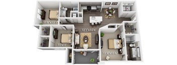 A 3D floor plan of a house with four bedrooms, a living room, a kitchen, and a bathroom.