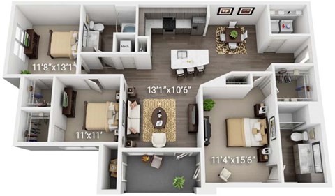 A 3D floor plan of a house with four bedrooms, a living room, a kitchen, and a bathroom.