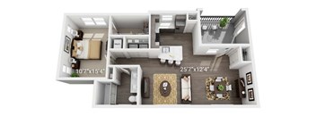 A floor plan of a house with a living room, dining room, kitchen, and two bedrooms.
