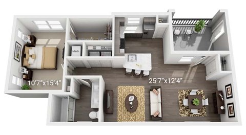 A floor plan of a house with a living room, dining room, kitchen, and two bedrooms.