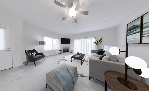 A modern living room with a black sofa and a grey couch.