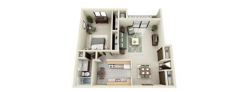 A 3D floor plan of a small apartment with a kitchen, living room, and bathroom.