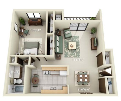 A 3D floor plan of a small apartment with a kitchen, living room, and bathroom.
