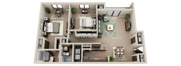 A 3D floor plan of a house with dimensions and furniture layout.
