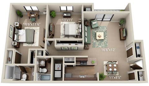 A 3D floor plan of a house with dimensions and furniture layout.