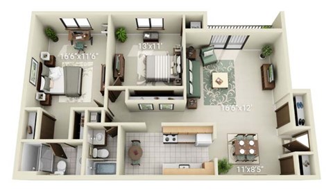 A 3D floor plan of a house with dimensions.
