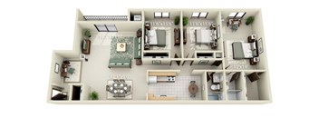 A floor plan of a house with three bedrooms, two bathrooms, a living room, a kitchen, and a dining area.