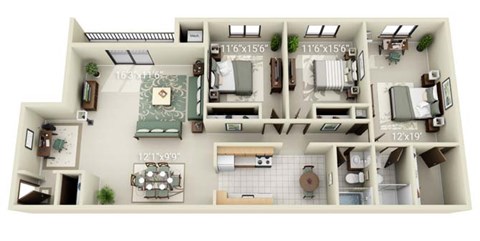 A floor plan of a house with three bedrooms, two bathrooms, a living room, a kitchen, and a dining area.
