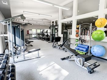 A well-equipped gym with a variety of exercise equipment.