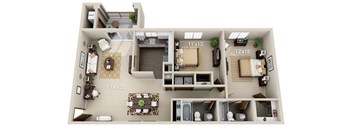 A 3D floor plan of a house with a living room, kitchen, dining room, and two bedrooms.