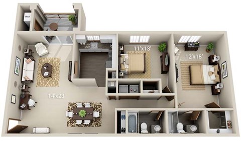 A 3D floor plan of a house with a living room, kitchen, dining room, and two bedrooms.
