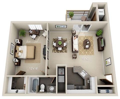 A 15x21 foot floor plan of a house with a living room, dining room, kitchen, and bathrooms.