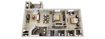 A floor plan of an apartment with a kitchen, living room, and two bedrooms.