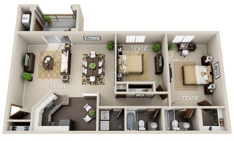 A floor plan of an apartment with a kitchen, living room, and two bedrooms.