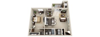 A 3D floor plan of a small apartment with a kitchen, living room, and bathroom.